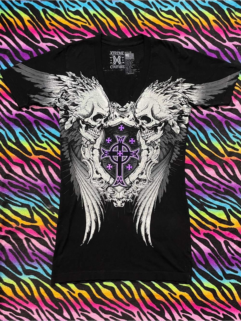 Y2k Affliction Xtreme Couture Women's V Neck Tee with Winged Skull Cross